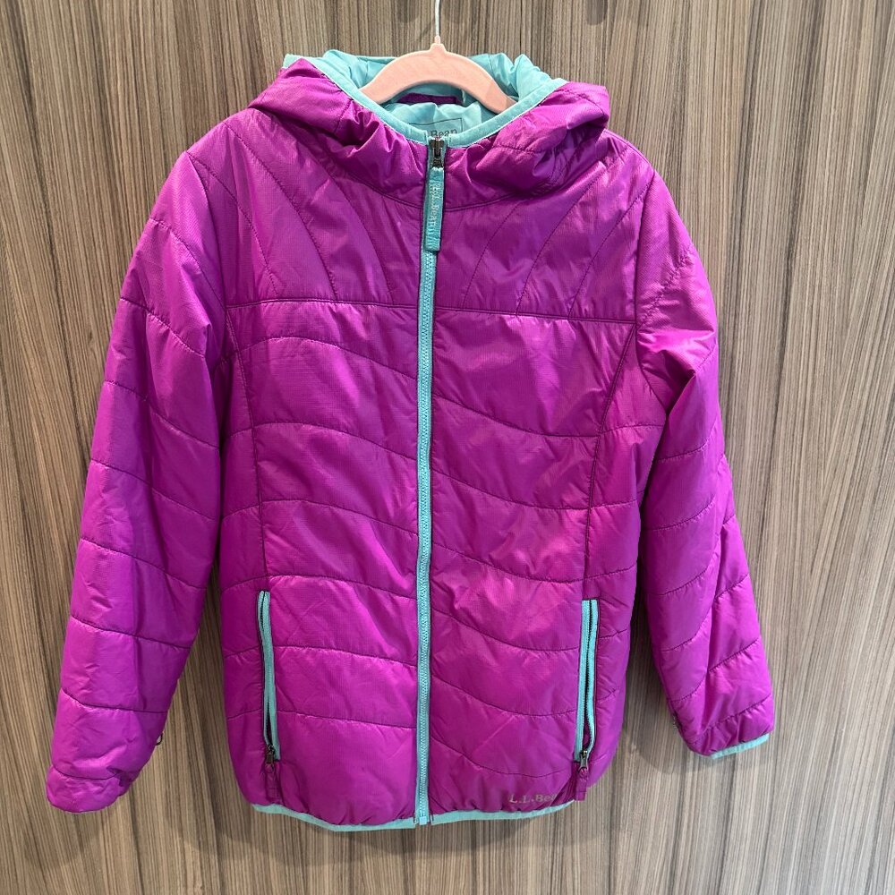 L.L.Bean Girls Hooded Puffer Jacket Purple Aqua Trim Size M (10-12)